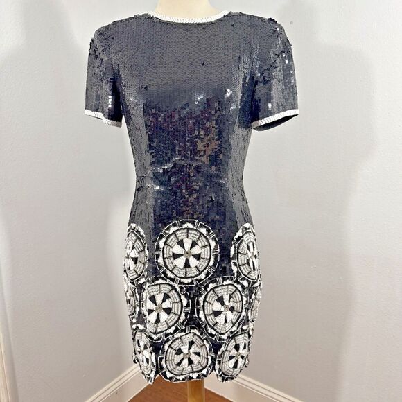 Vtg A J Bari Dress Womens 6 Silk Sequin Scalloped Hem Formal Y2K 90s Hoco